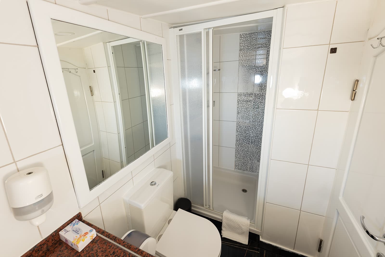 Compact white tiled bathroom with toilet, mirror, and enclosed shower stall.