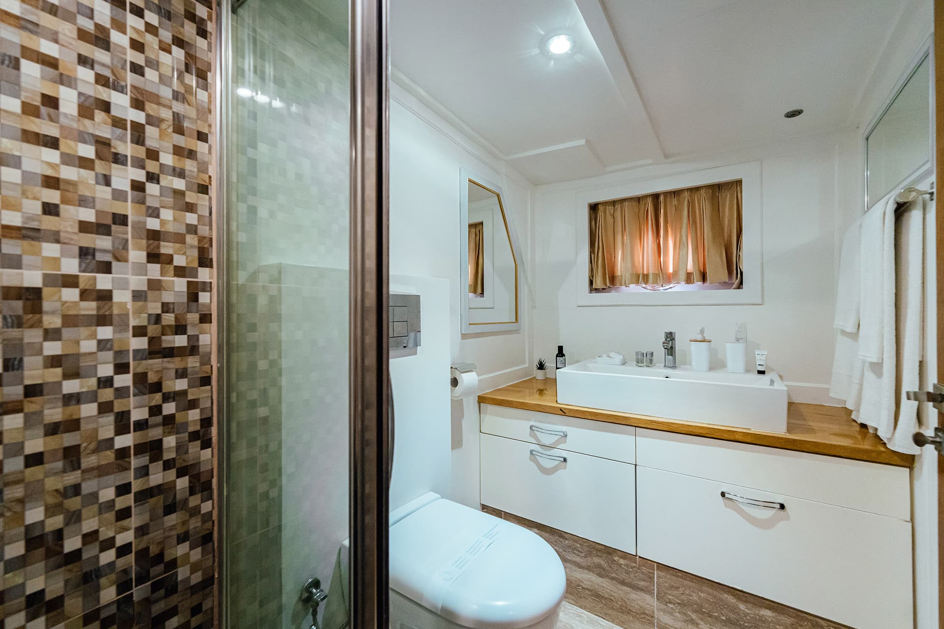 Bathroom interior with mosaic shower, white vanity, vessel sink, and toilet on a gulet.