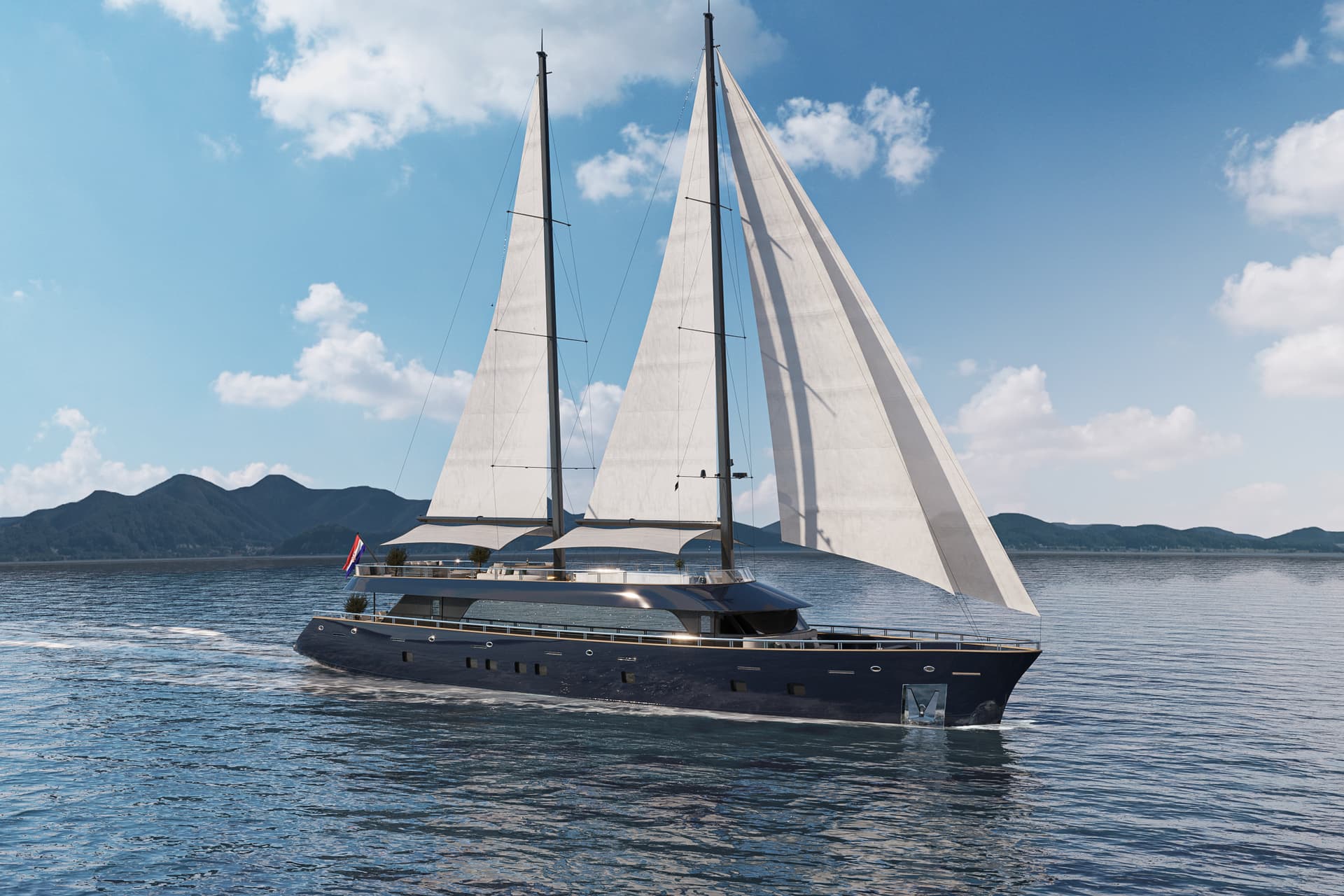 Large sailing yacht on calm water with distant mountains under a blue sky