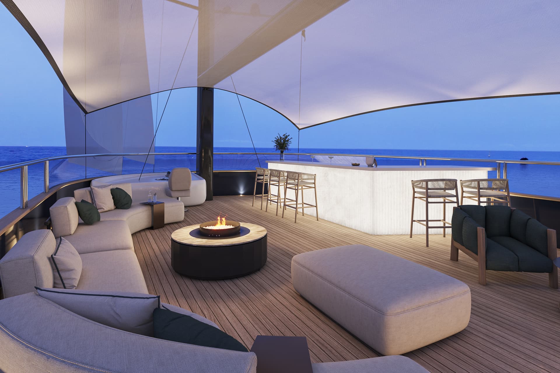 Luxury yacht deck with bar, lounge seating, fire pit, and canopy overlooking the sea