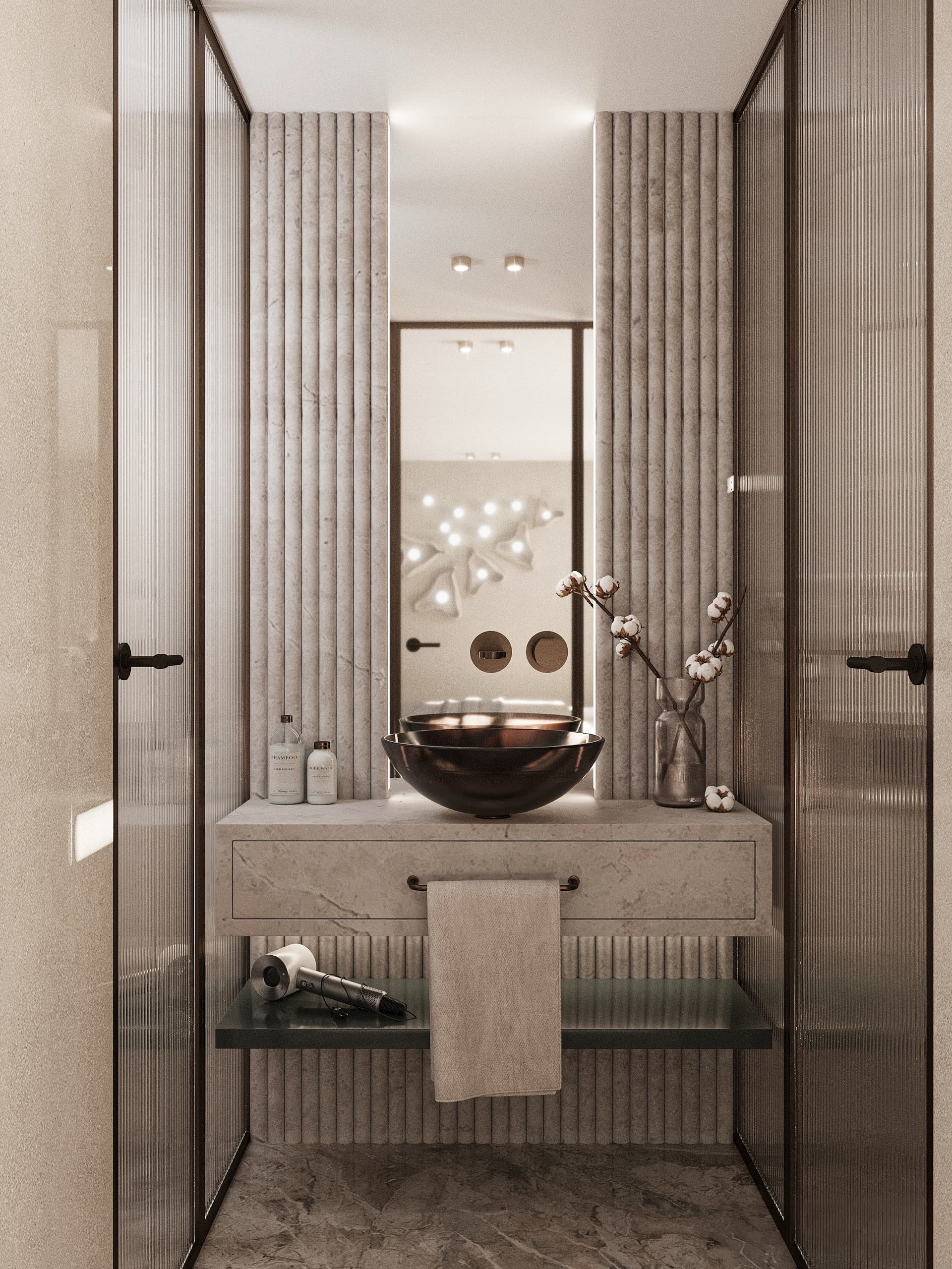 Modern bathroom vanity with vessel sink and fluted stone wall paneling