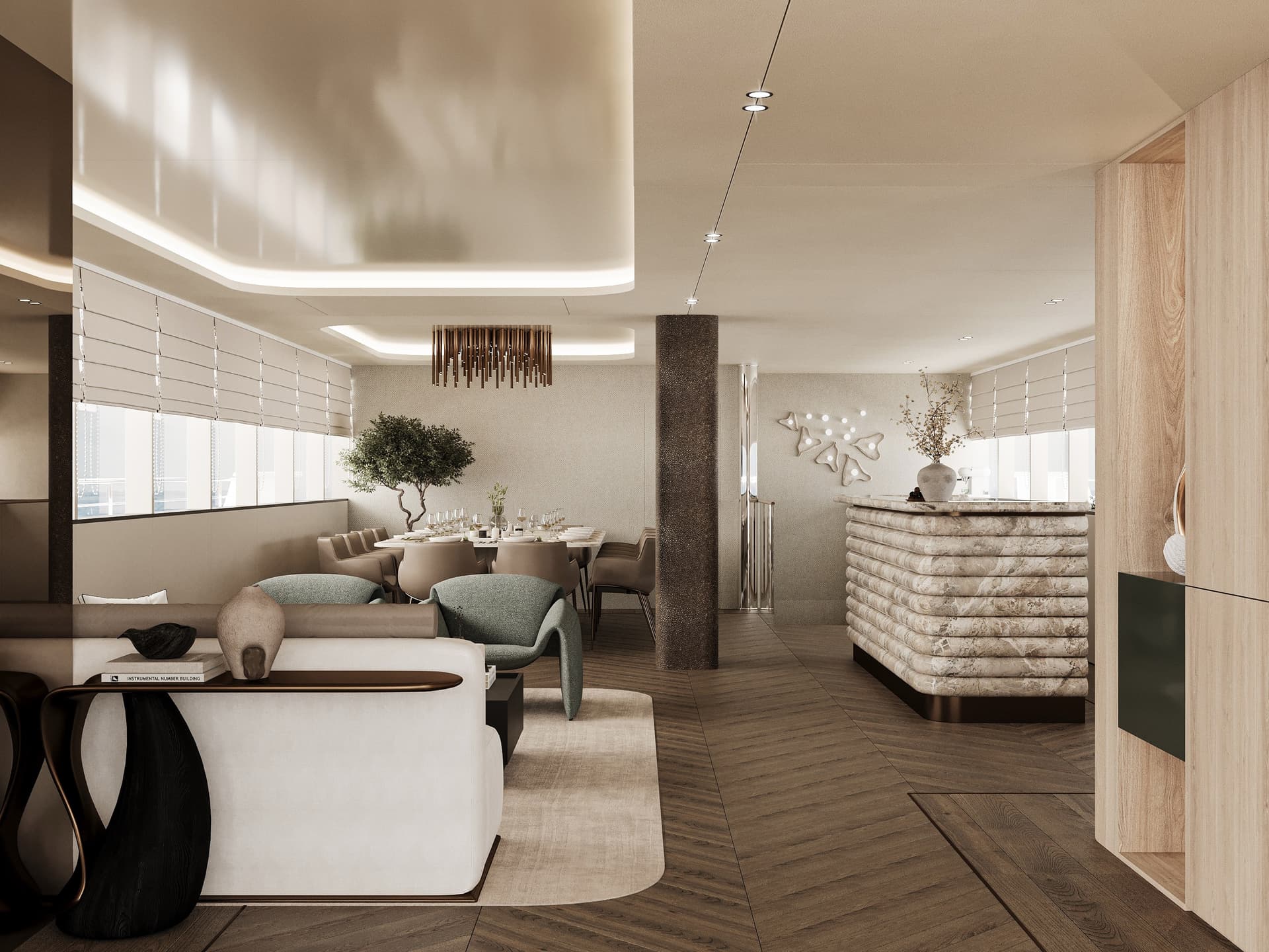 Modern luxury salon interior with seating area, dining table, and bar counter