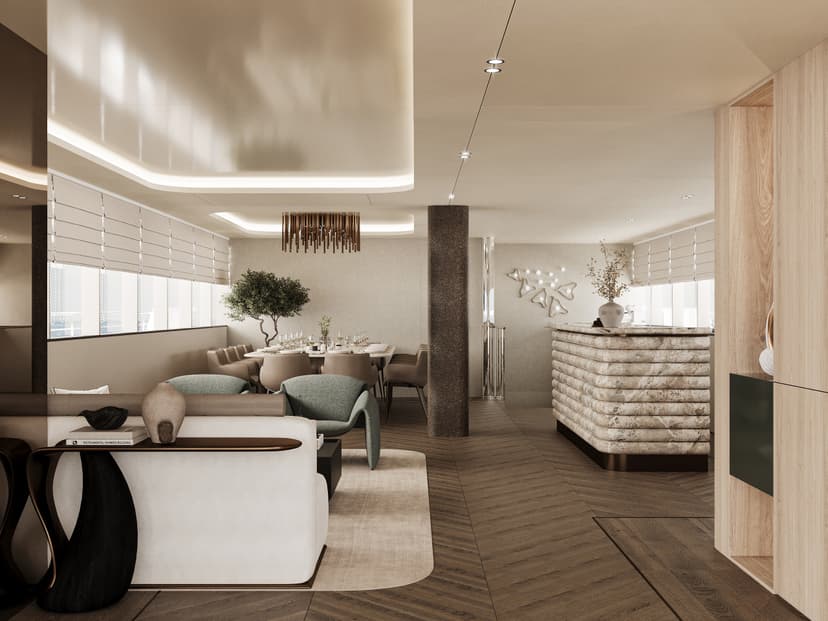 Modern luxury salon interior with seating area, dining table, and bar counter