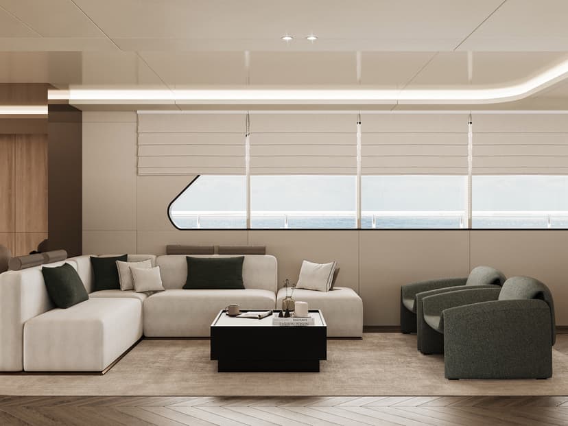 Modern yacht interior lounge with neutral sofa, armchairs, and ocean view window