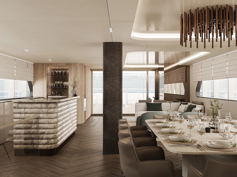 Luxury yacht interior with dining area, marble bar, and modern lounge seating