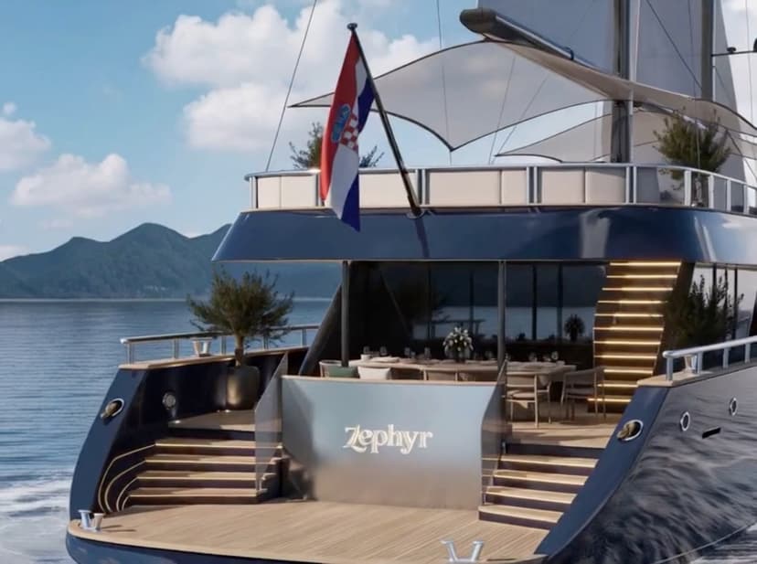 Luxury yacht stern swim platform with dining area and Croatian flag on calm coastal waters