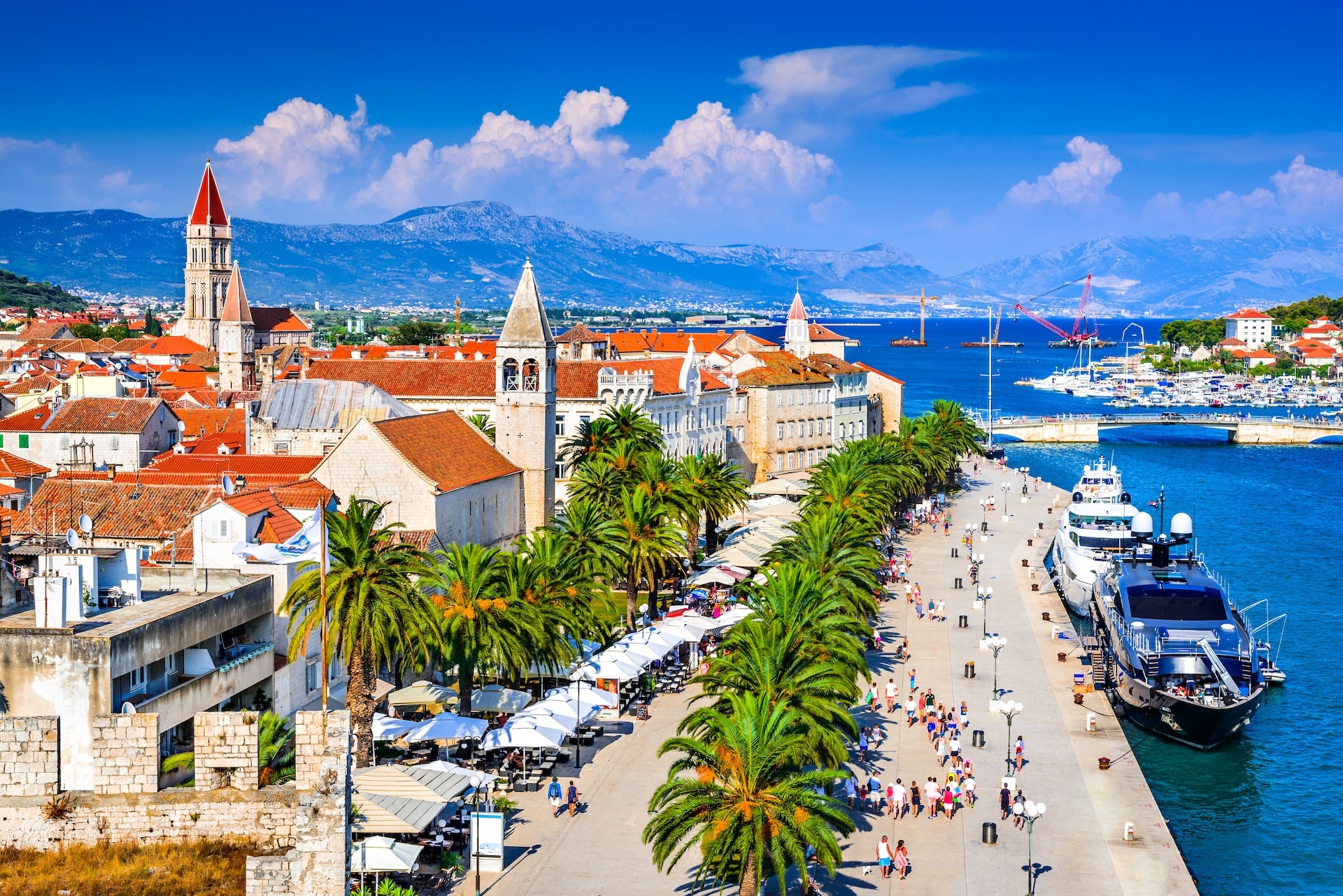 Waterfront promenade with palm trees, yachts, and historic buildings under blue sky.