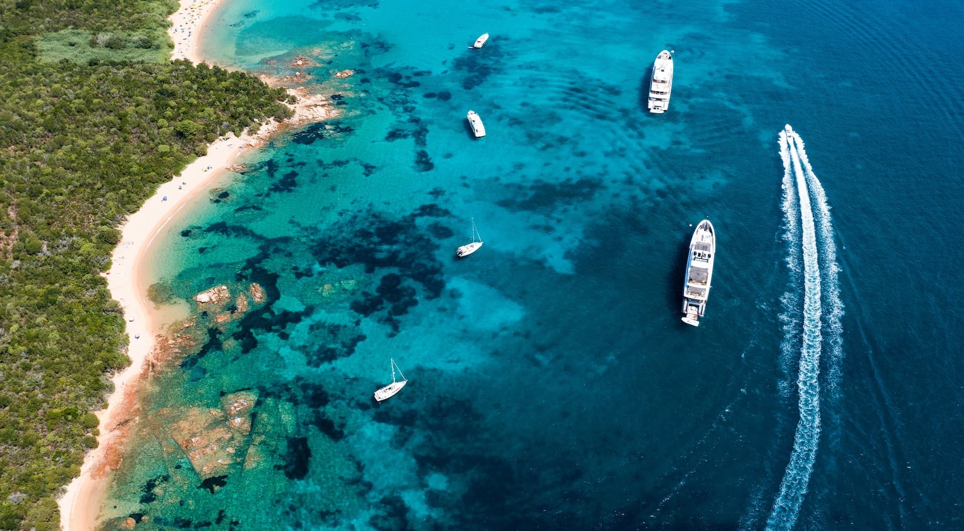 Yachts and sailboats anchored near a lush green coastline with turquoise and deep blue water.