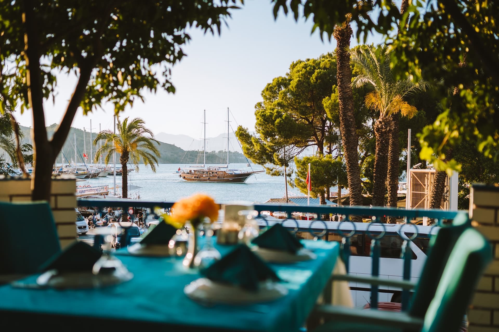 Outdoor dining table view of gulet sailing in a harbor with palm trees