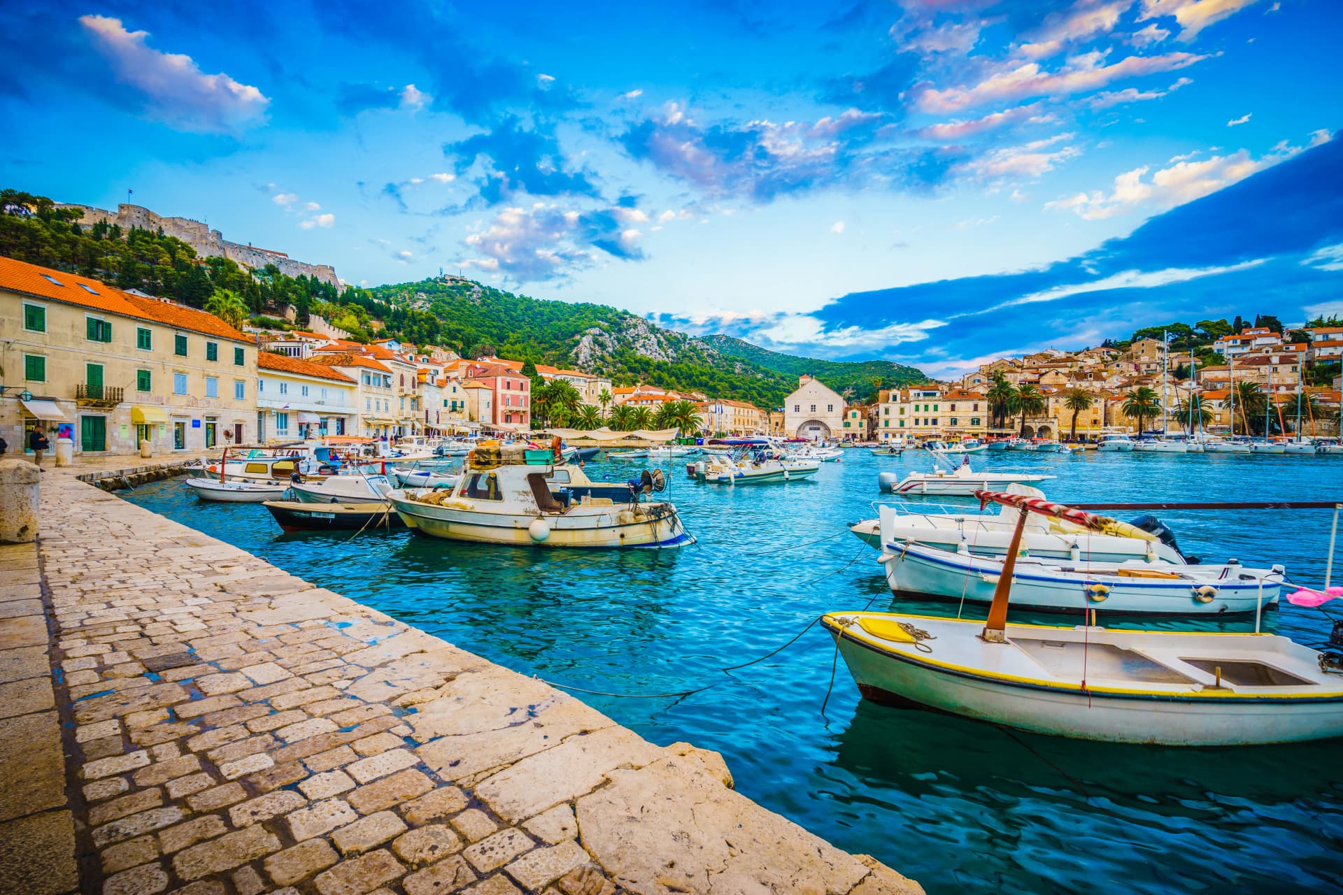 Scenic coast of town Hvar at sunset, Dalmatia, Croatia