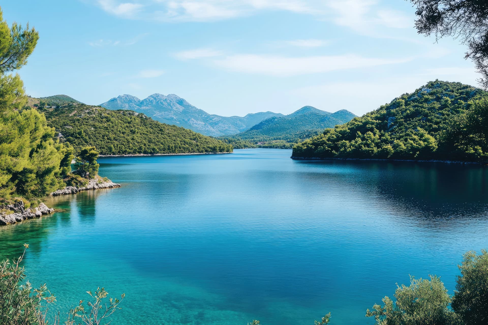 Turquoise water surrounding green islands in mljet national park, croatia