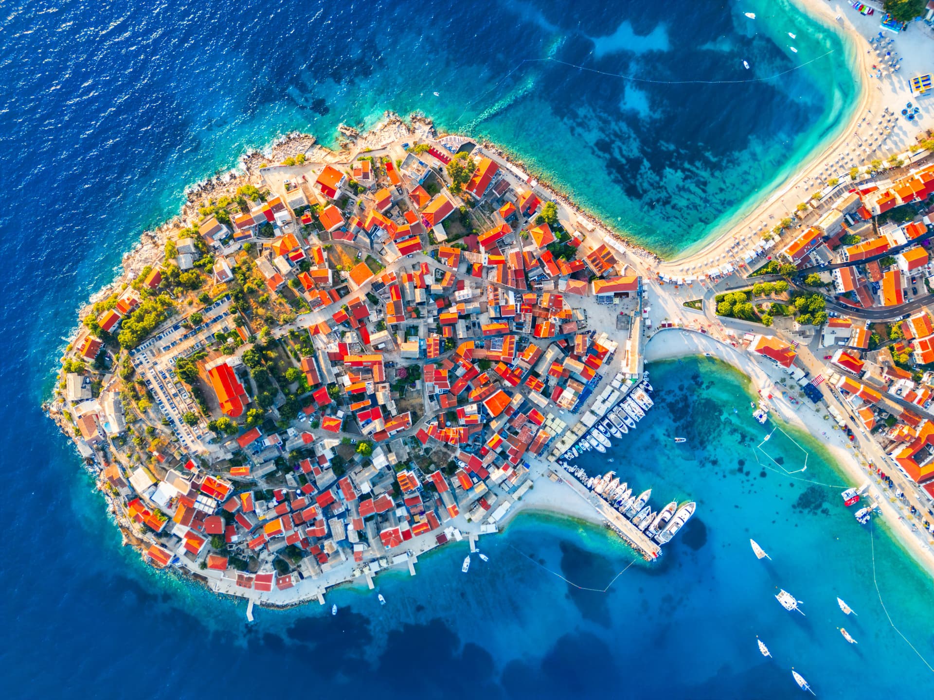 Aerial drone view of the historical center of Primosten, Sibenik, Croatia