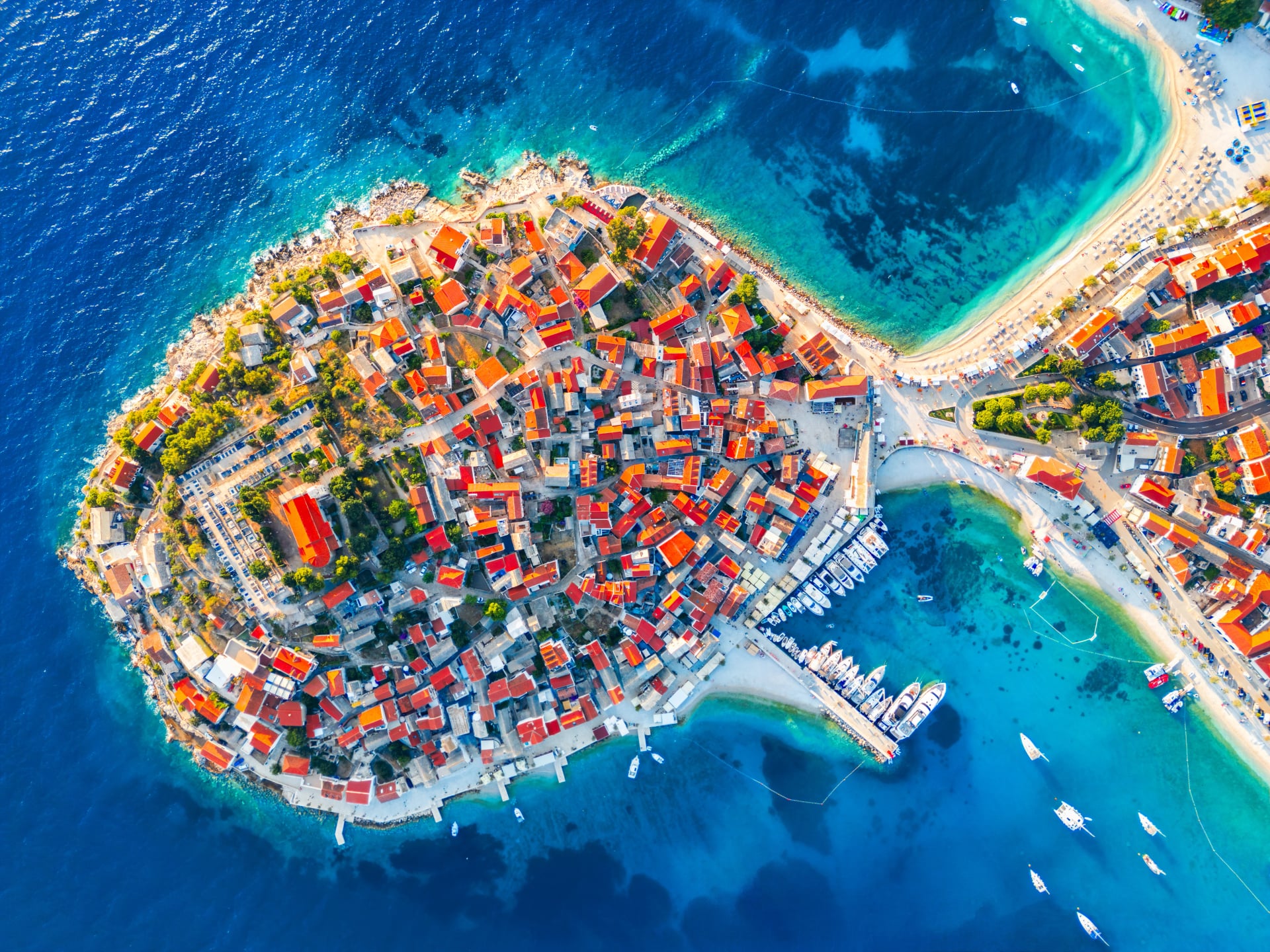 Aerial drone view of the historical center of Primosten, Sibenik, Croatia