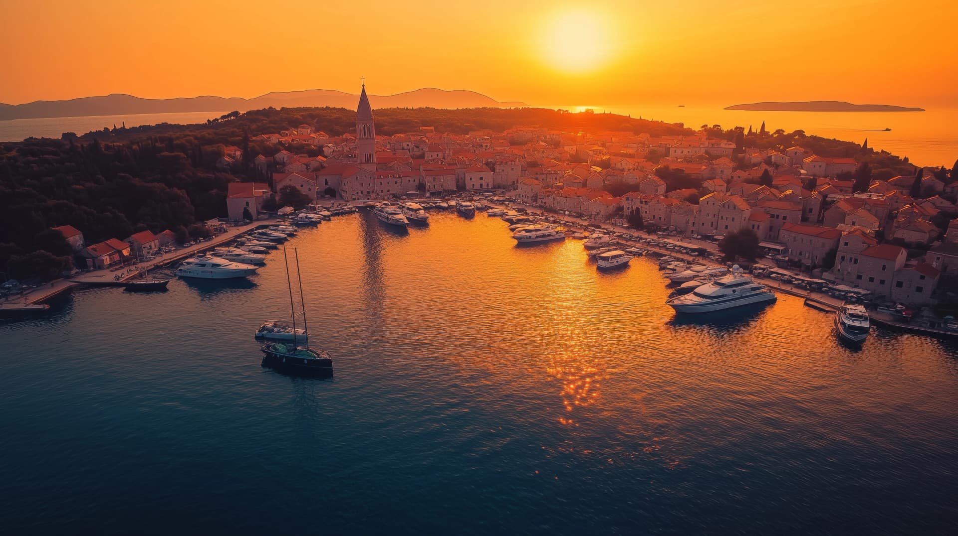 Aerial view of Primosten, Croatia, showcasing St. George's Church and vibrant coastal charm.