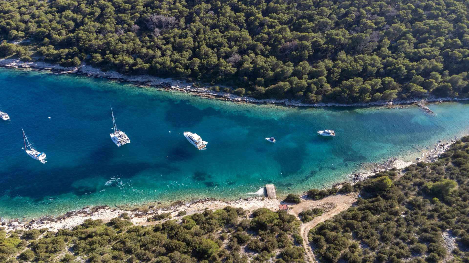 drone view of the Mediterranean coast of the island Zirje in Croatia