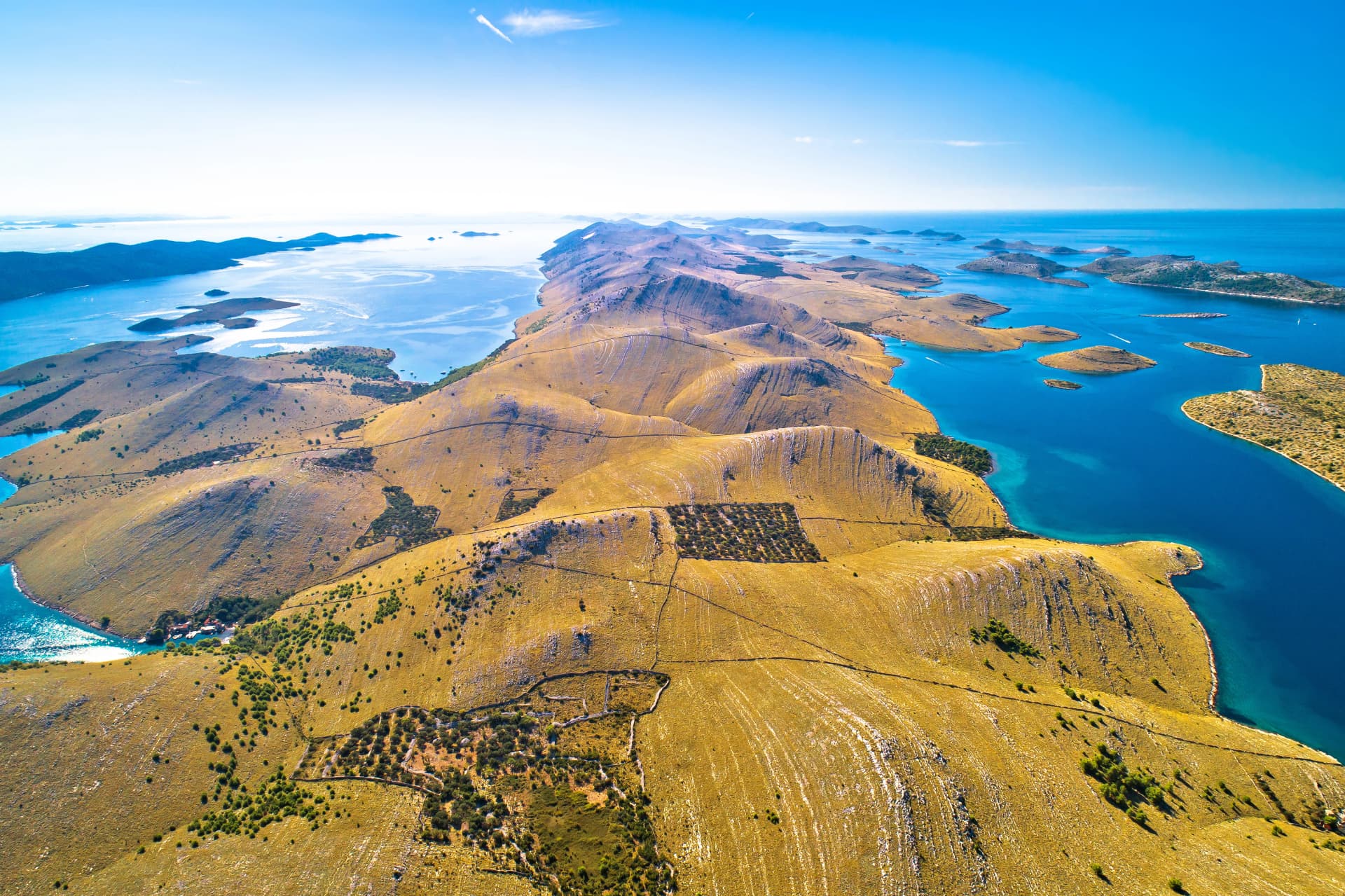 Kornati islands national park. Unique stone desert islands in Mediterranean archipelago aerial view.