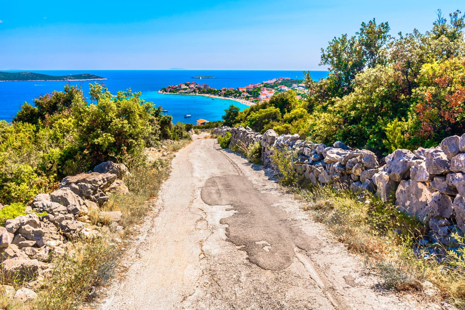 Dalmatia Sevid landscape nature. / Aerial view small picturesque town Sevid in Dalmatia region, summer travel places.